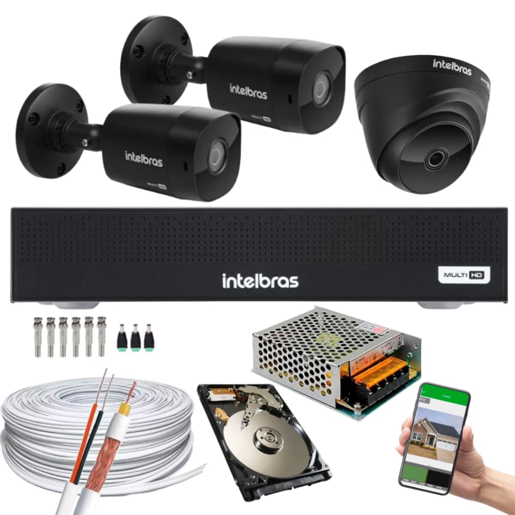 Kit Intelbras 3 Cameras de Segurança 1220b Black Full Hd Dvr Mhdx 3004 C/ 1tb