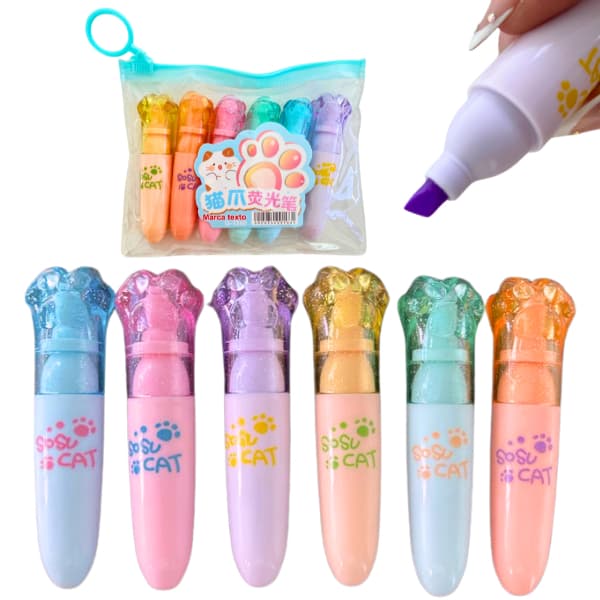 Kit 6 Marca Texto Caneta Marcadora Gatinho Material Escolar Volta as aulas Escolar meninas