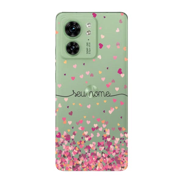 Capinha para Moto Edge 40 Anti Impacto Personalizada - Chuva de corações rosa com nome