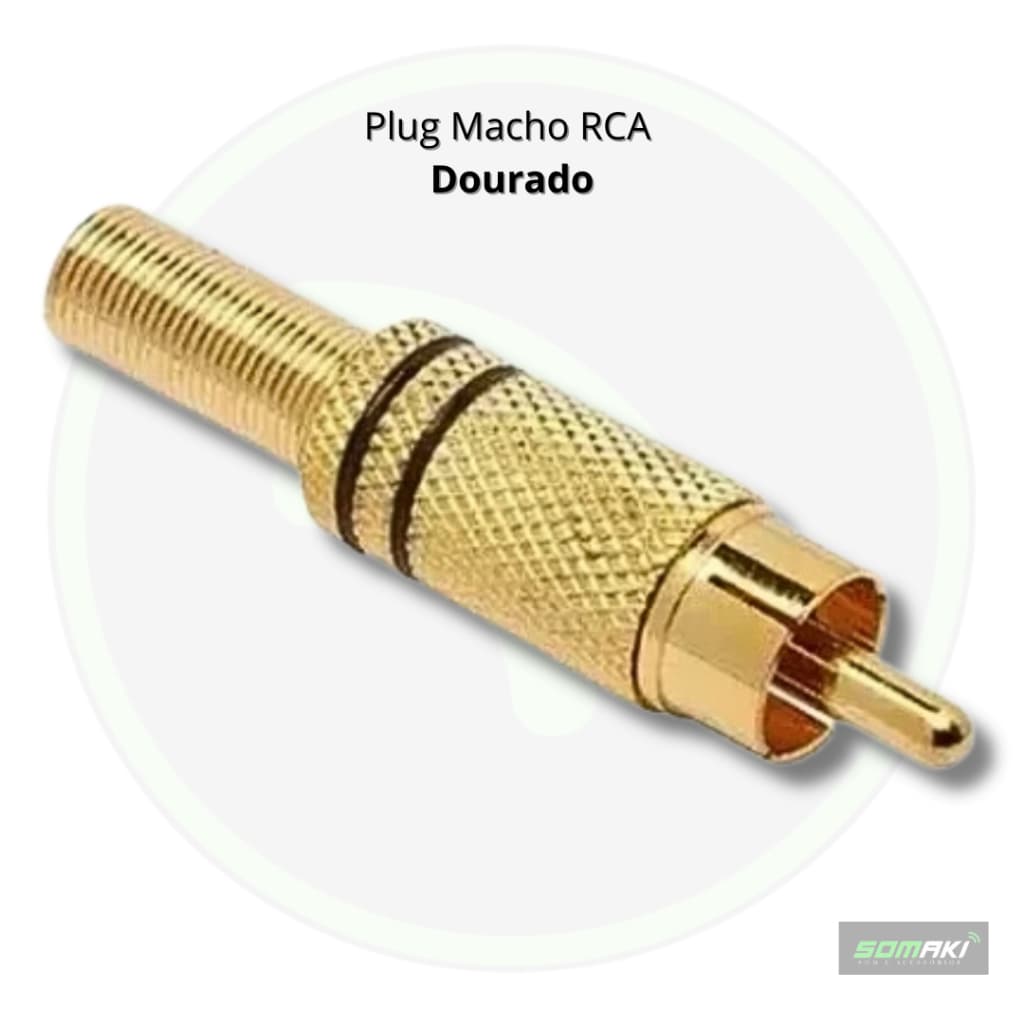Plug RCA Macho Metalico Dourado Com Mola Preto 58mm Permak