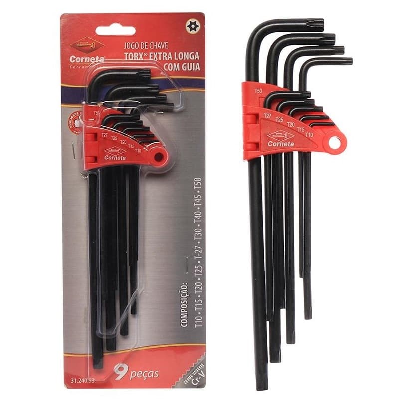 Jogo Kit De Chave Torx Tipo L Extra Longa Com 9 Peças T10 a T50 Com Furo Guia