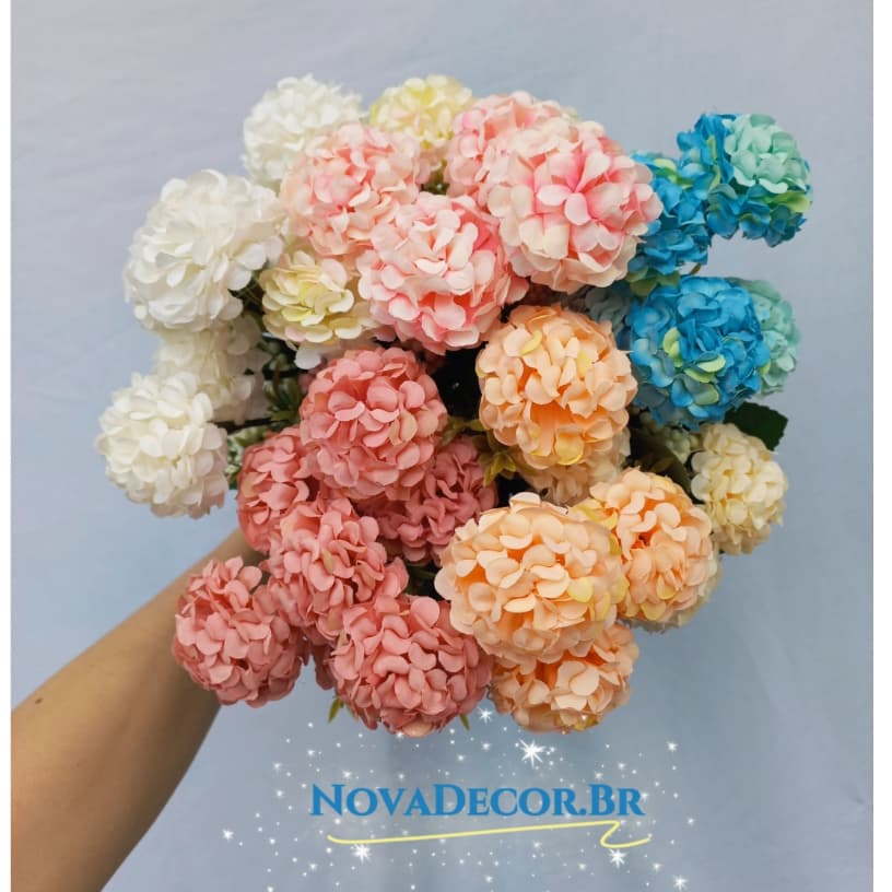 Buquê de Crisântemo, Hortência, Cravo Artificial Buque Com 7 Flor P/ Decoração Casamento, Arranjos,Decorar Festas e casa