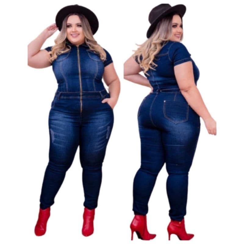 Macacão Longo Jeans Feminino Plus Size Moda Fashion Extremo