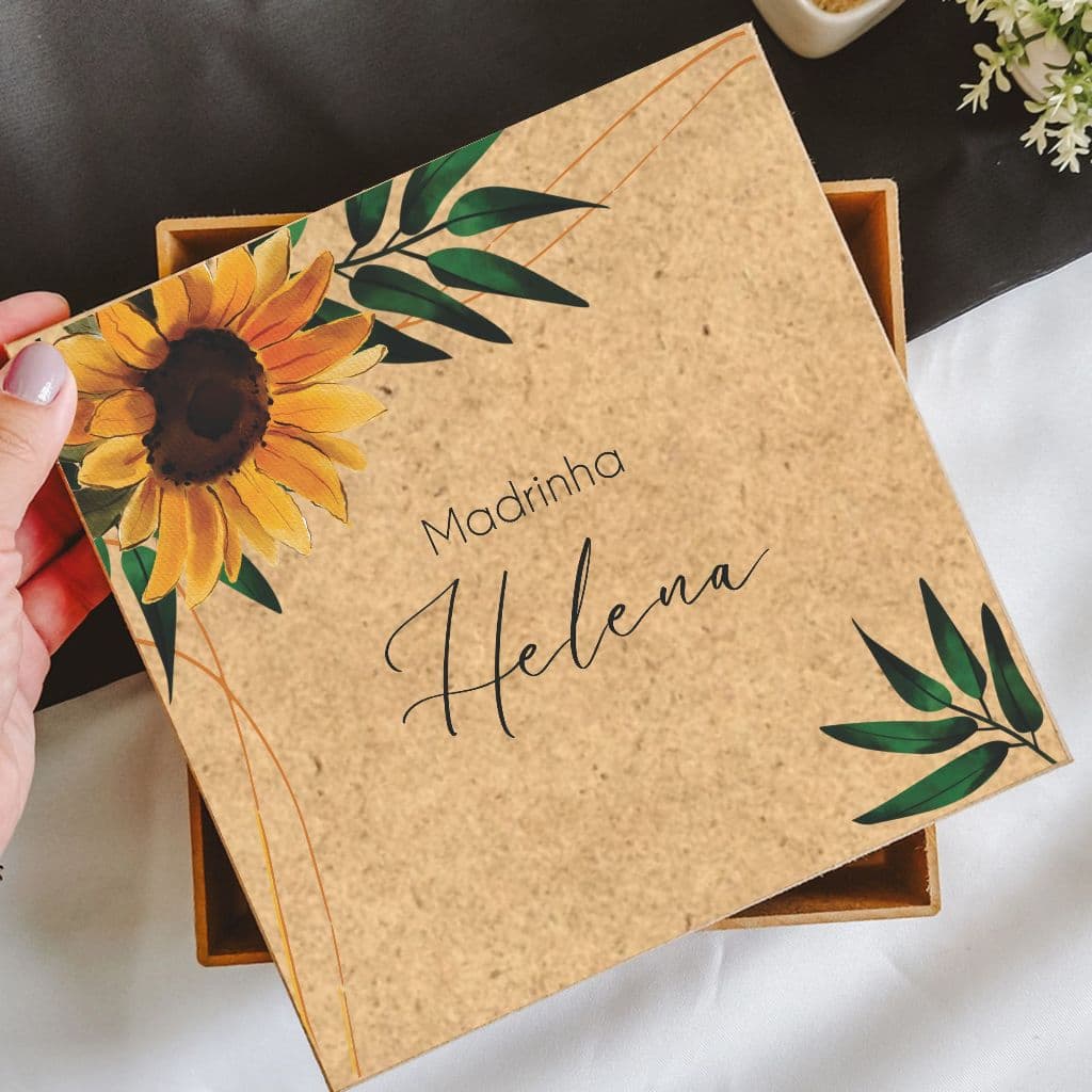 Caixinha MDF Personalizada Floral Girassol Casamento Padrinhos