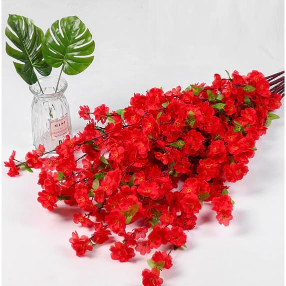 Buquê de Flores Artificiais Ramo De Cerejeira, Galho Grande 120cm -Vermelho