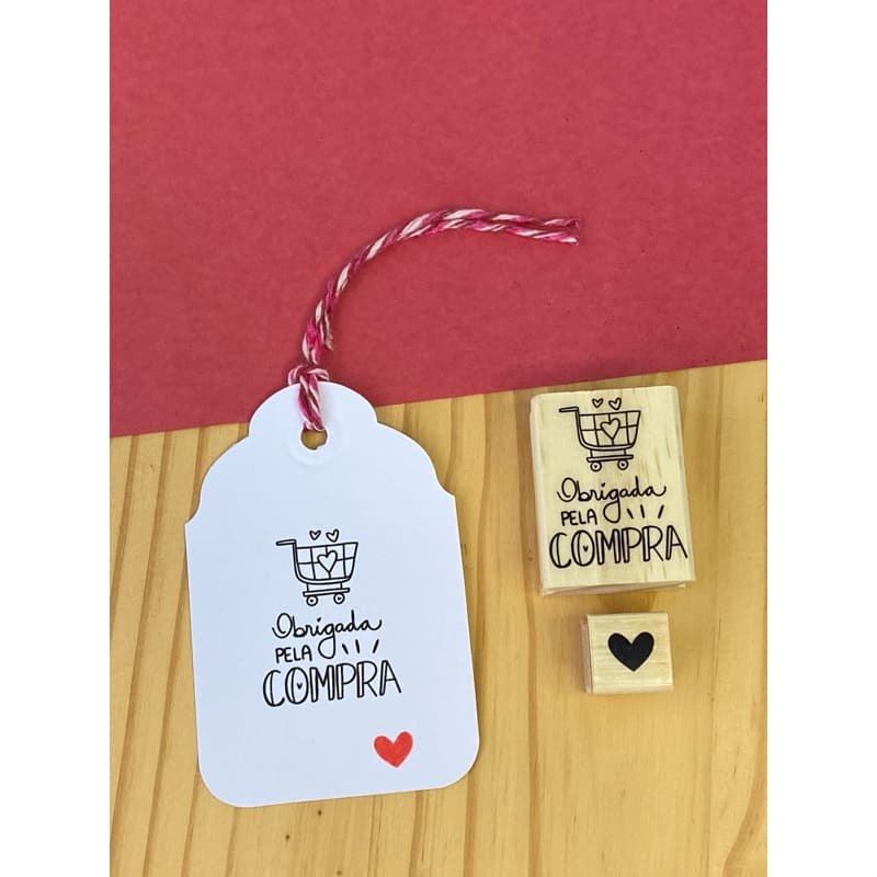 Carimbo Tag Kraft Obrigado pela Compra + Mini Carimbo Coração