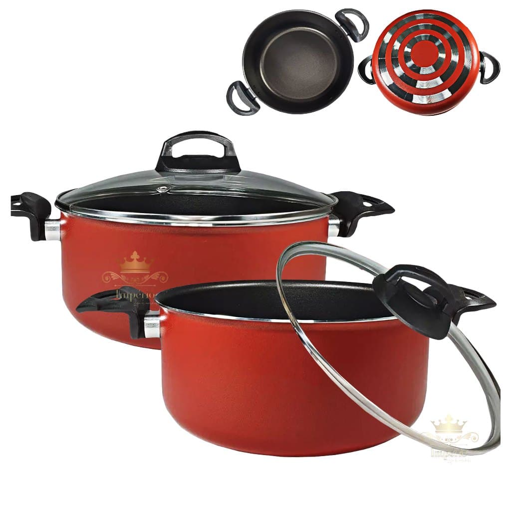 Kit 2 Panelas Caçarolas Tamanho Grande 02 Peças 18 E 20 Cm Cor Vermelha Preta Rouge Cobre Com Tampa De Vidro Kit Panela Antiaderente Com 5 Camadas De Teflon