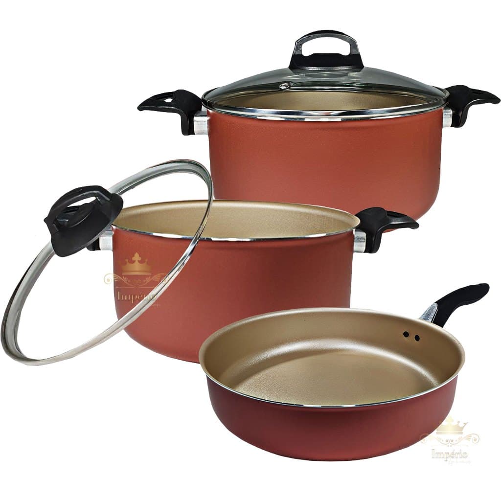 Kit 3 Peças Panelas Caçarolas Tamanho Grande 22 E 24 e Frigideira Alta Tamanho 22 Cor Cereja Dourada Cobre Com Tampa De Vidro Kit Panela Antiaderente Com 5 Camadas De Teflon
