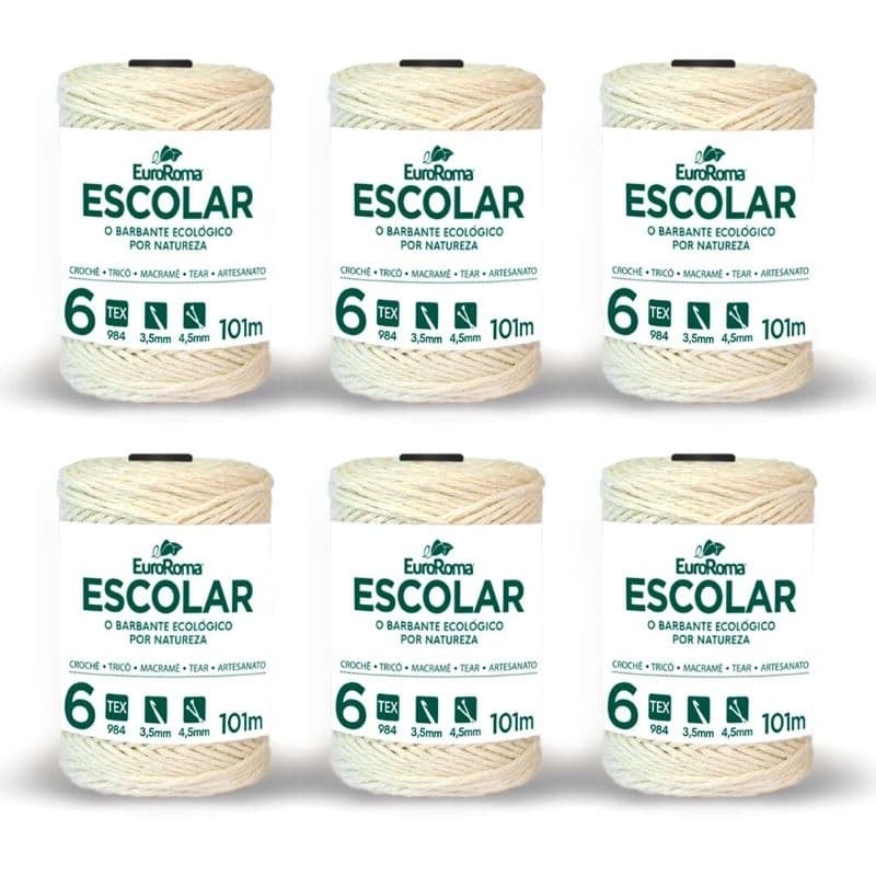 06 rolos de Barbante 4/ 6 fios algodão cru, tricô, crochê, embalagem e escolar com 101M .Euroroma.