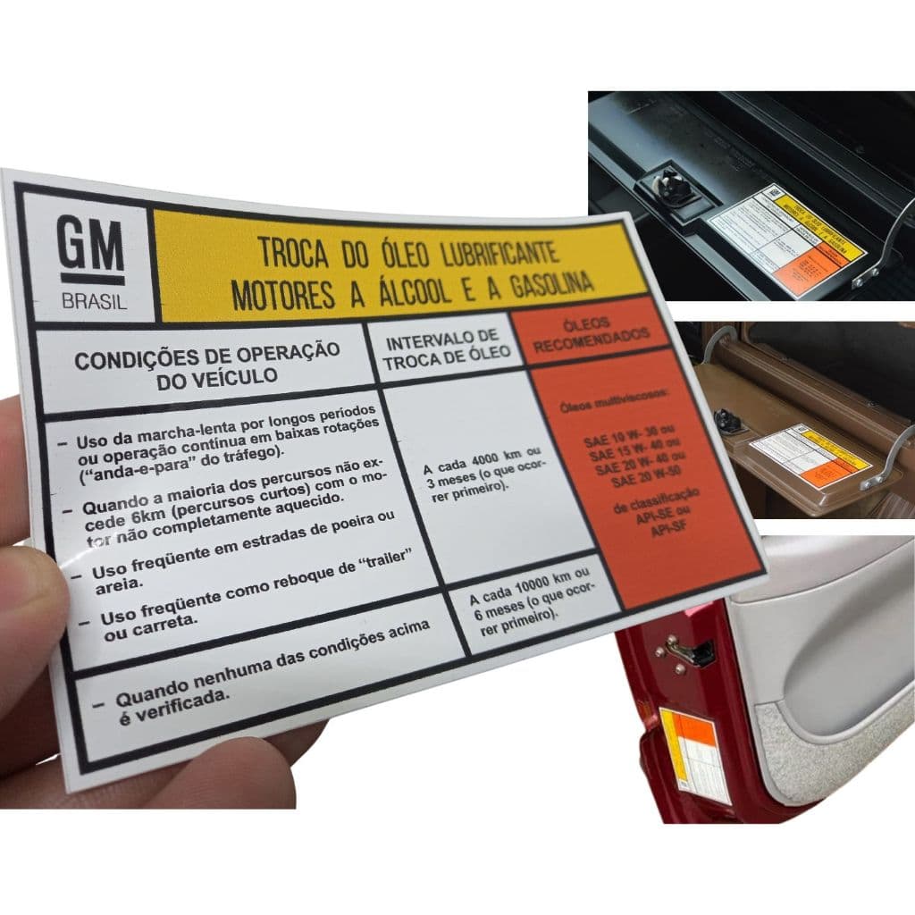 Adesivo Troca de Óleo Lubrificante Linha GM - Motores a Álcool e Gasolina