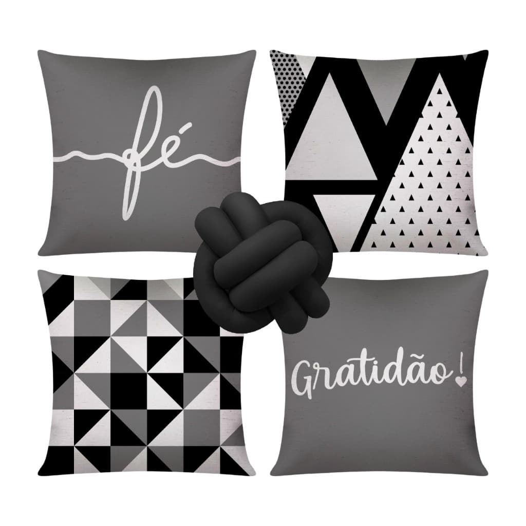 Kit c/ 4 Capas de Almofada Decorativas 45x45 + 1 Almofada de Nó - Gratidão Cinza