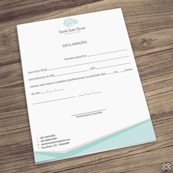 bloco Declaração Psicólogo personalizado colorido 14x20cm 50 ou 100 folhas