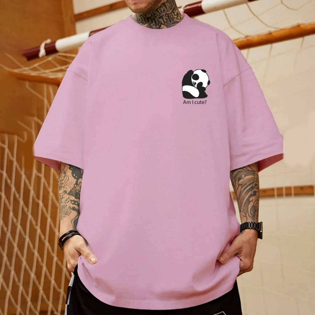 Camiseta Masculino AMICUT Tecido Macio T-Shirt Cor Rosa Bebê Gola redonda Oversized Longo Bordado