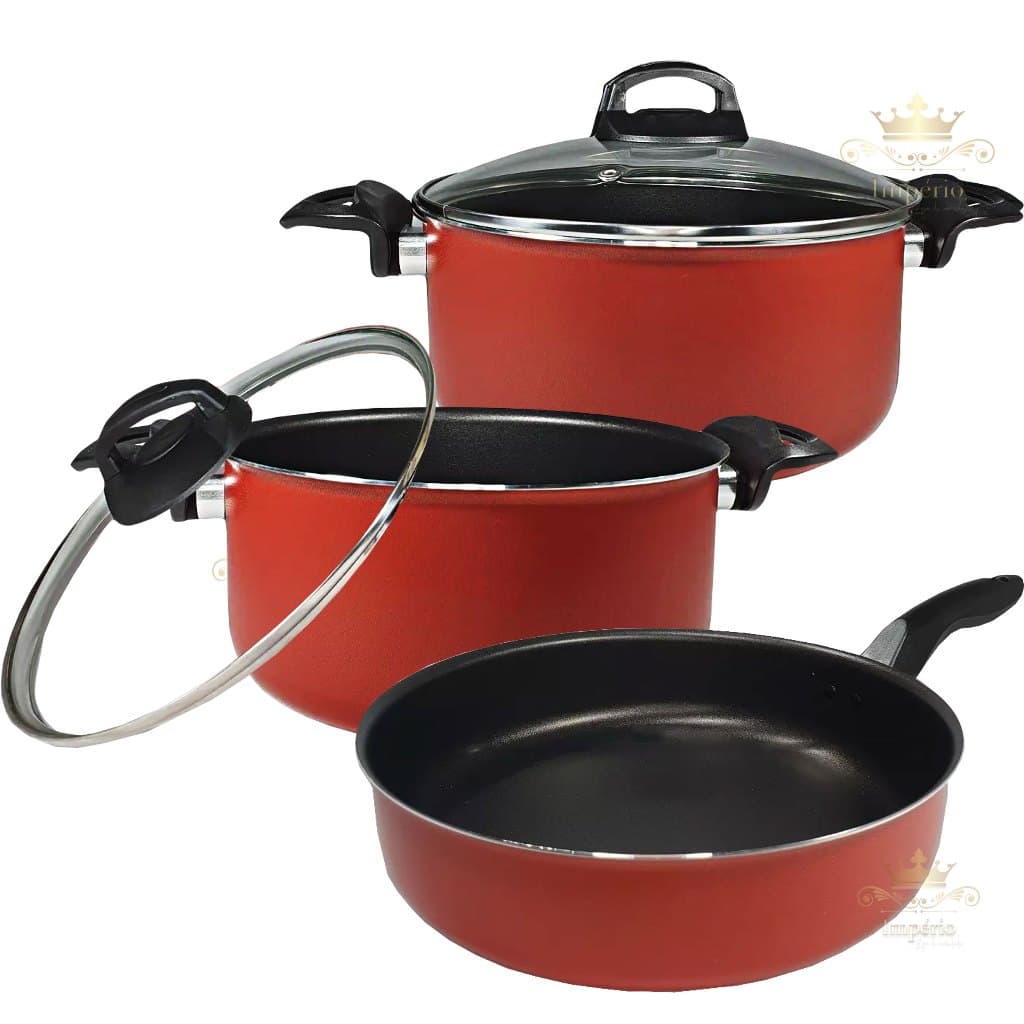 Kit 3 Peças Panelas Caçarolas Tamanho Grande 22 E 24 e Frigideira Alta Tamanho 22 Cor Vermelha Preta Rouge Com Tampa De Vidro Kit Panela Antiaderente Com 5 Camadas De Teflon