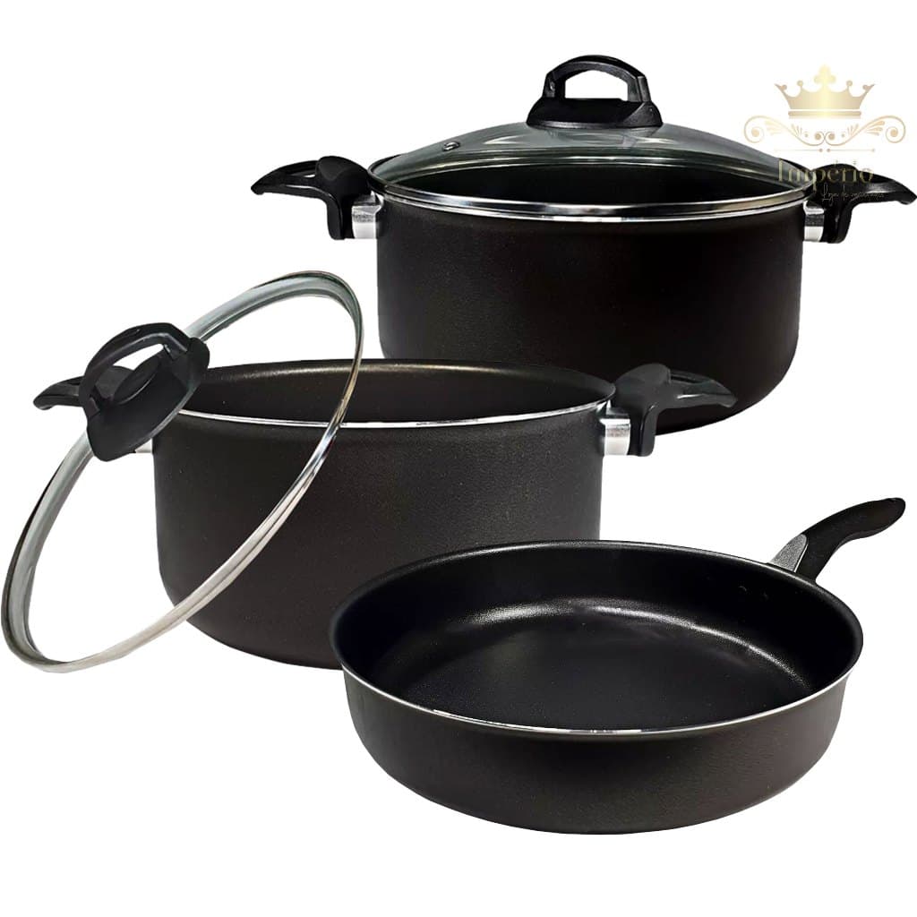 Kit 3 Peças Panelas Caçarolas Tamanho Grande 22 E 24 e Frigideira Alta Tamanho 22 Cor Preta Com Tampa De Vidro Kit Panela Antiaderente Com 5 Camadas De Teflon