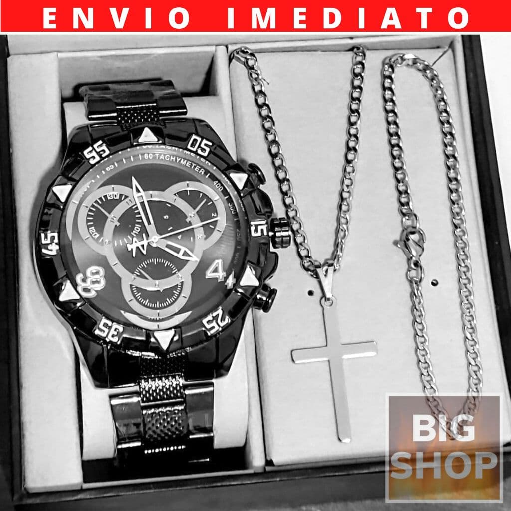 Relógio Masculino Preto Cromado + Pulseira 925 Banhada + Correntinha Crucifixo Cruz 925 Fininha