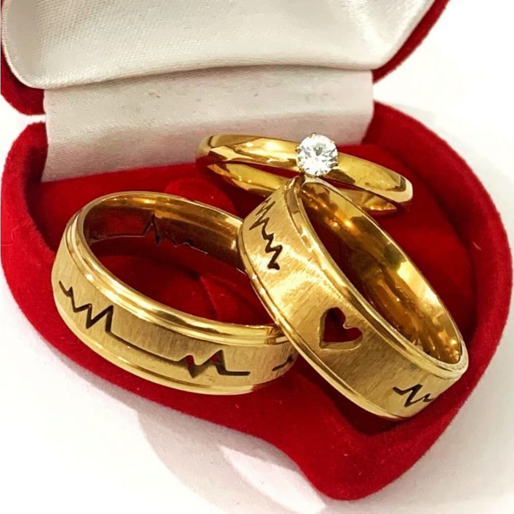 1 par Aliança 6mm de Casamento Moeda Antiga Banhada a Ouro 18k Coração VazadoBatimentos Cardíacos + caixa Namoro Coração
