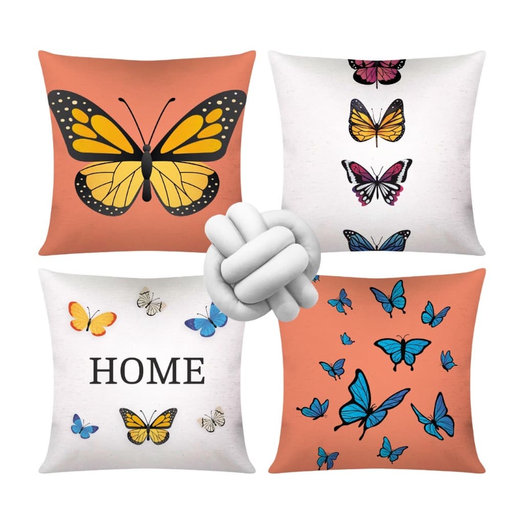 Kit c/ 04 Capas de Almofada Modernas Decorativas 45x45 + 1 Almofada de Nó - Borboleta Laranja