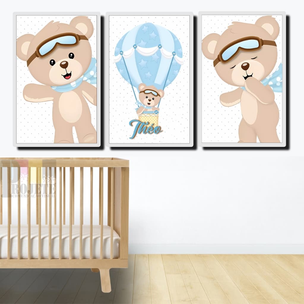 Quadro Decorativo Infantil Bebe Menino Ursinho Baloeiro personalizado