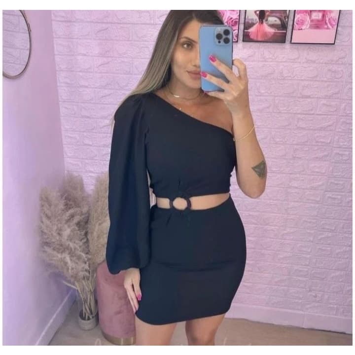 Vestido Preto Mula Manca Curto Com Detalhe de Argola