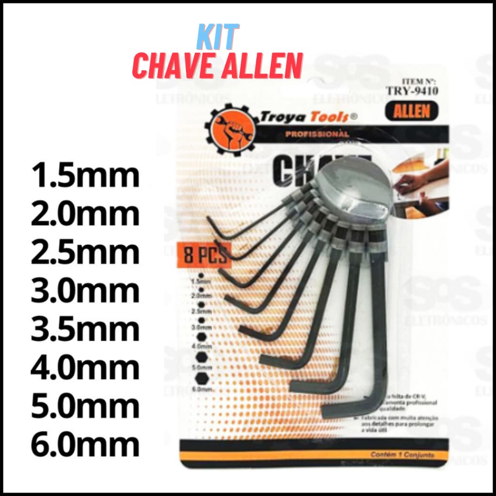 Chave Allen Jogo Chaves 1,5 - 2 - 2,5 - 3 - 3,5 - 4 - 5 - 6mm TRY - 9410Kit Chave allen alem Jogo