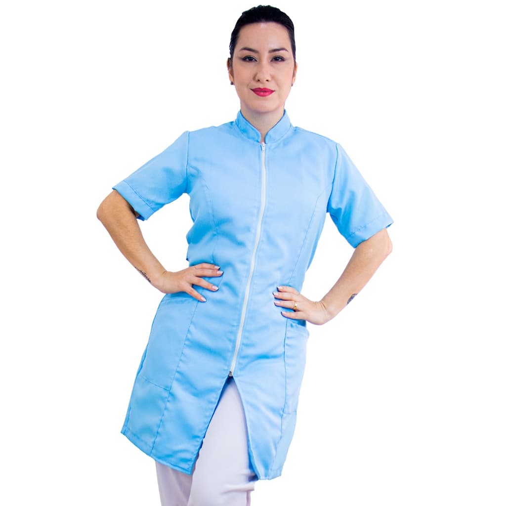 Jaleco Oxford Feminino Manga Curta Acinturado Com Zíper Gola Padre Azul Bebê
