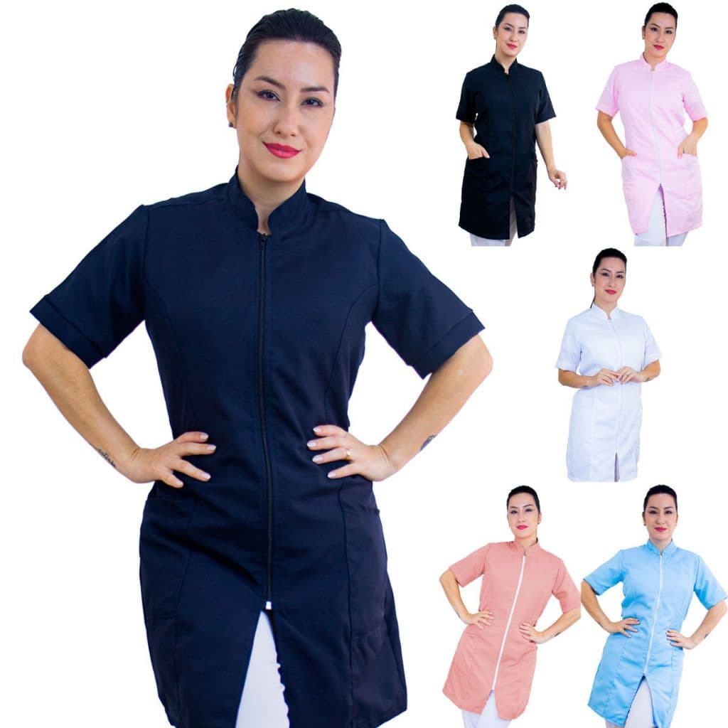 Jaleco Feminino Manga Curta Oxford Acinturado Com Zíper Gola Padre Várias Cores