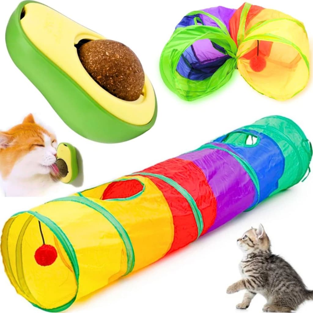 Kit Túnel Interativo Para Gato Com Bolinha + Abacate Lamber Catnip Erva Brinquedo Relaxamento