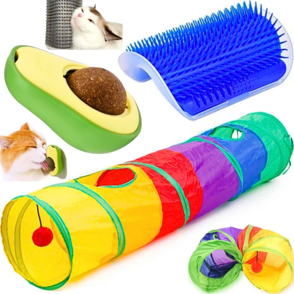 Kit 3 Brinquedos Para Gato Túnel Interativo 120cm Escova Coça-Coça Erva Catnip Abacate Para Lamber
