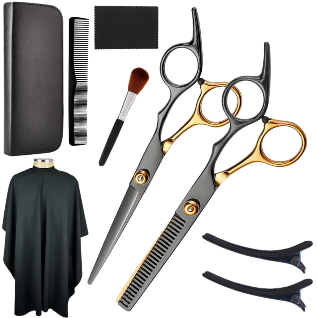 Kit 2 Tesouras Profissional Fio Navalha E Desfiadeira + Capa de Barbeiro + Espanador + Presilha + Pente com Navalha