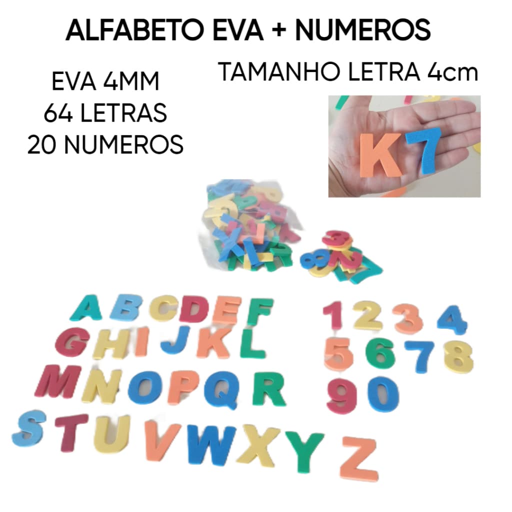 ALFABETO+NUMERAL movel/pacote  aplique eva 4mm/escolar 64 letras + 20 NUMEROS