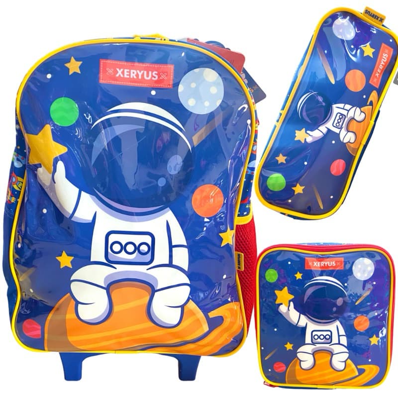 Kit Mochila Escolar infantil com rodinhas + lancheira térmica + estojo do ASTRONAUTA