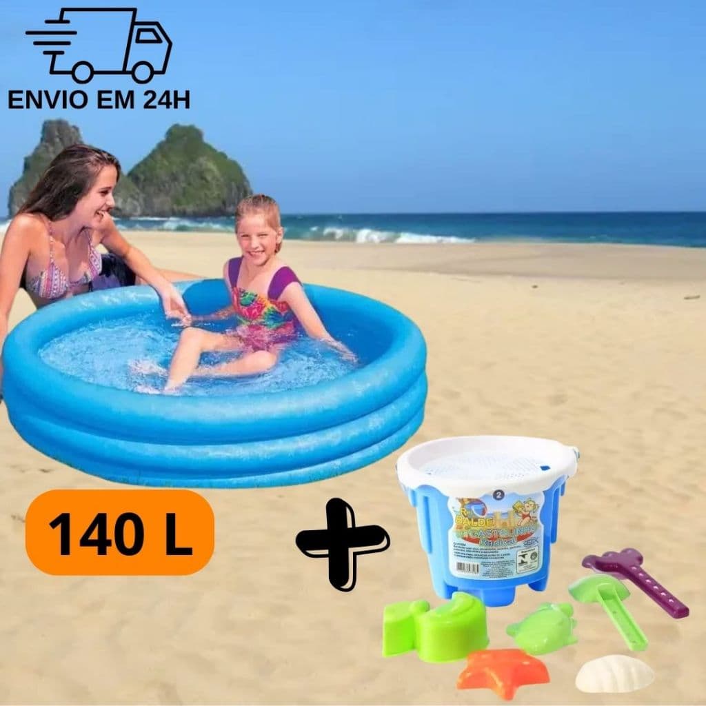Kit piscina inflavel infantil 3 aneis 140 litros e baldinho de praia completo para crianças