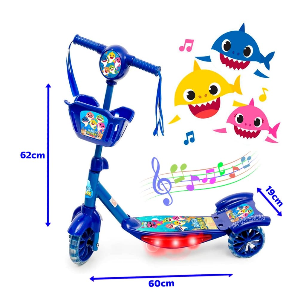 Patinete Musical BABY SHARK 3 Rodas Infantil Cesta Luz  + Entrega em Todo Brasil