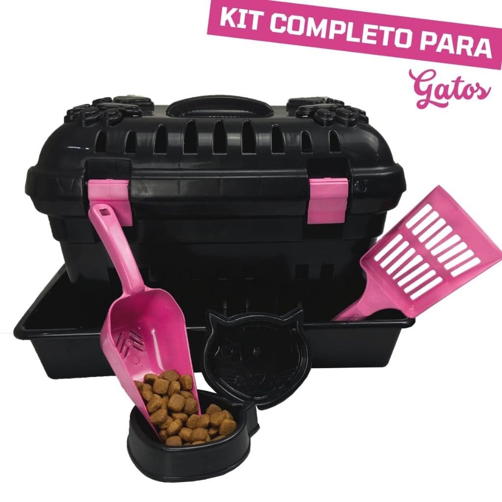 Kit Completo Para Pet Gato Cachorro Caixa de Transporte Caixa de Areia + 2 Comedores 150ml Concha Dosadora Pá Higiênica
