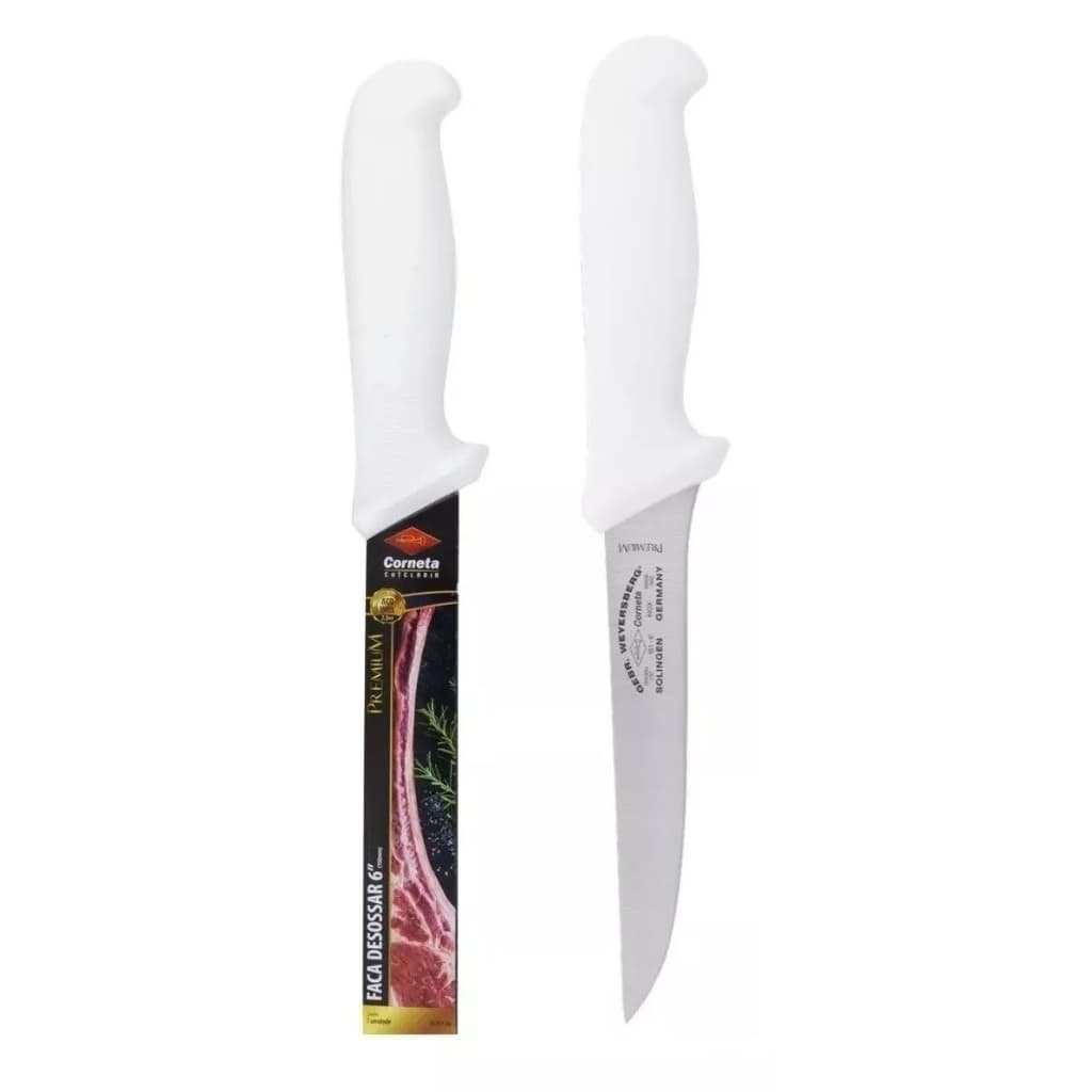 Faca Desossar Carne 6 Polegada Cozinha Açougue Inox Profissional Cabo Branco Corneta Premium