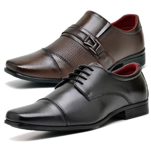 Kit 2 Pares de Sapato Social Masculino Preto e Marrom Cadarço e Fivela