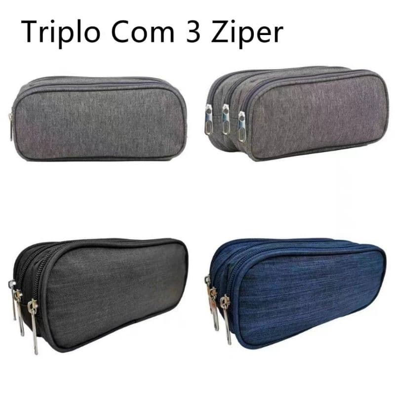 Estojo TRIPLO 3 Partes Nylon com Divisória Organizador Zíper Porta Lápis Canetas