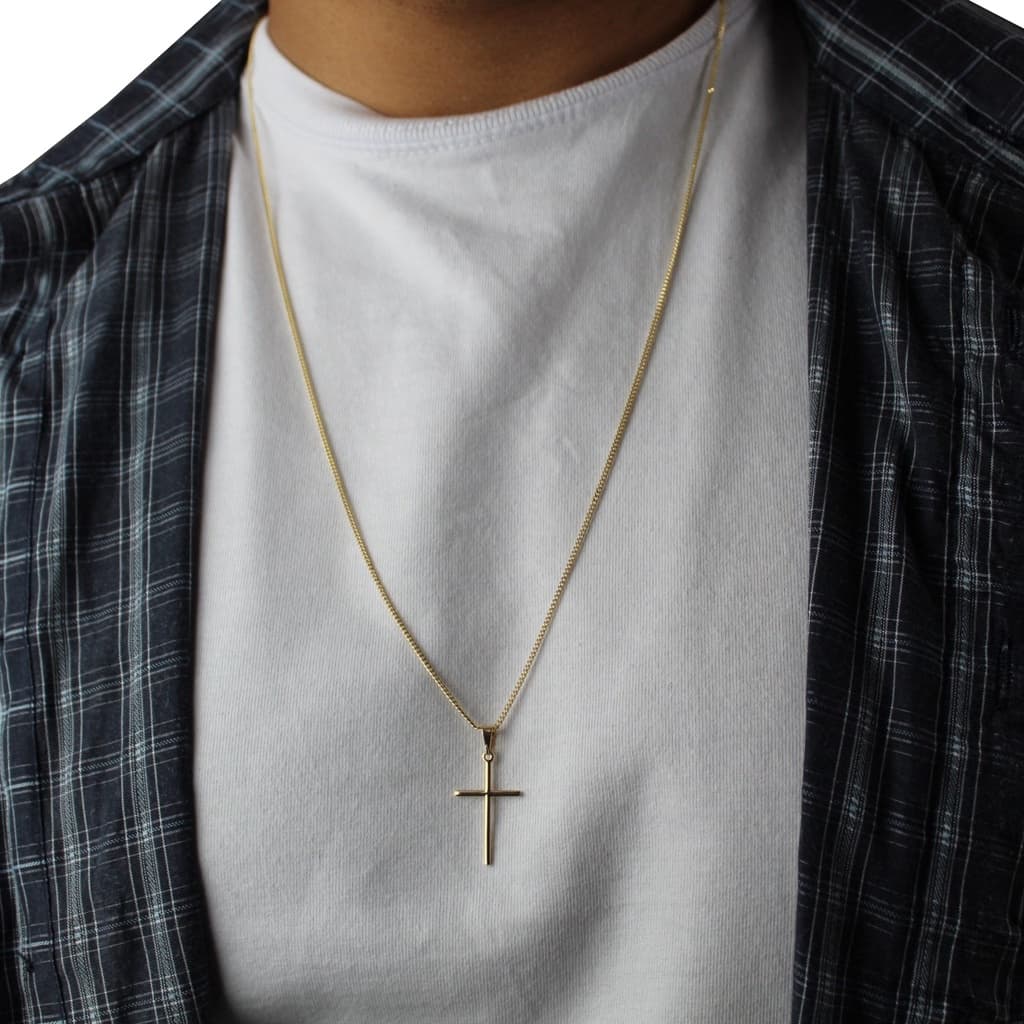Colar Corrente Fina Grumet 60 cm 2mm 1x1 + Pingente Cruz Palito Fina Banhado a Ouro 18k Masculino Crucifixo