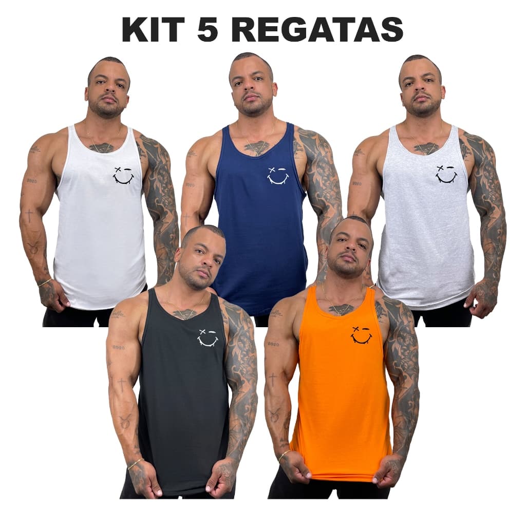 Kit com 5 regatas masculinas em algodão com estampa Expressão Sorriso - Bombey - Kit com 5 regatas