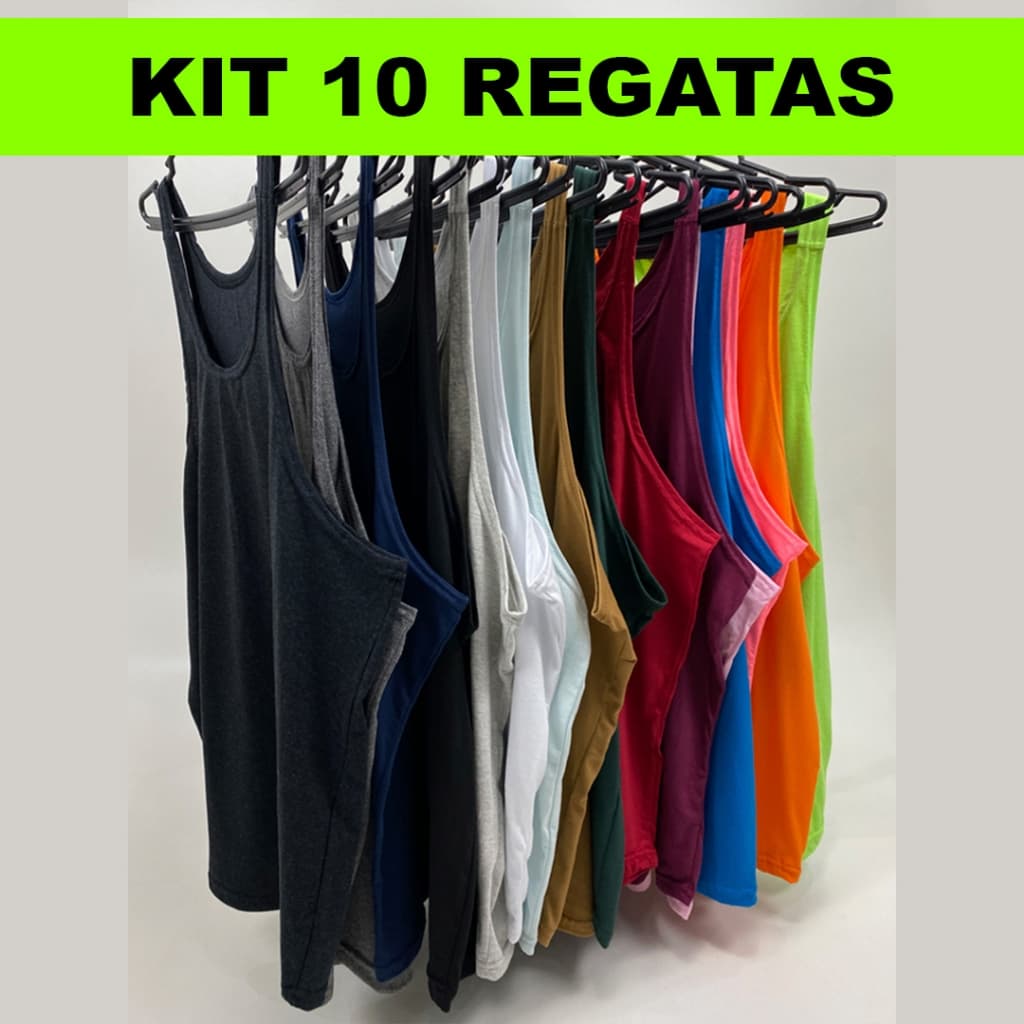 Kit com 10 Regatas em Algodão Cavada Lisa - Bombey - Academia Treino Verão Cores Variadas
