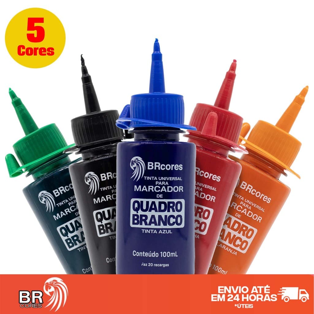 KIT 5 Cores 100ml's para Marcador de Quadro Branco - Azul, Preto, Vermelho, Verde e Laranja