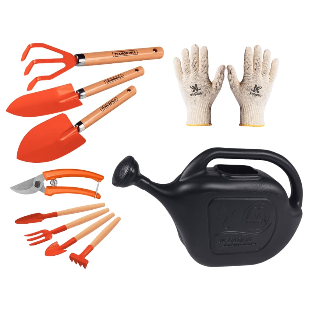 Kit de Ferramentas Para Jardinagem Tramontina + Regador Metasul 5 Litros e Luva Multiuso