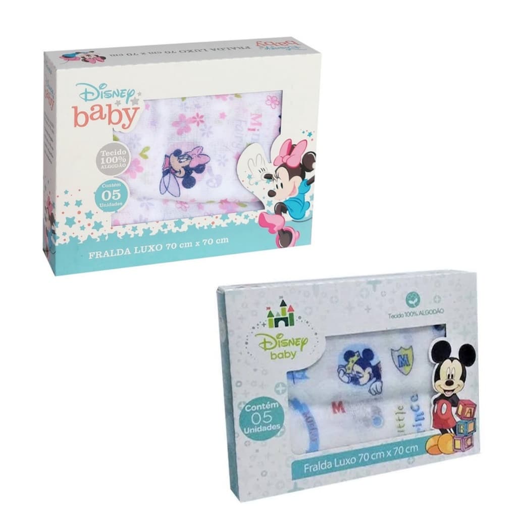 Fralda de Pano Bebê Luxo Disney Baby Mickey Minnie 70x70 - 5 Unidades