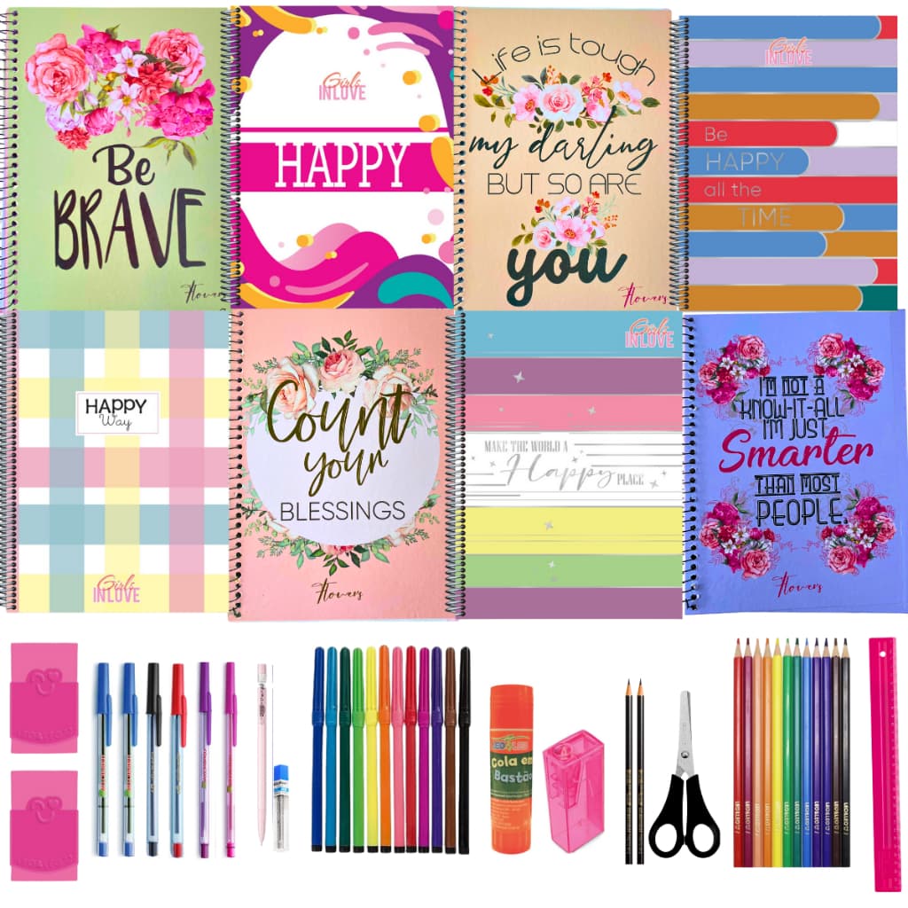 Kit 10 Cadernos Feminino Espiral Capa Dura + 40 Acessórios
