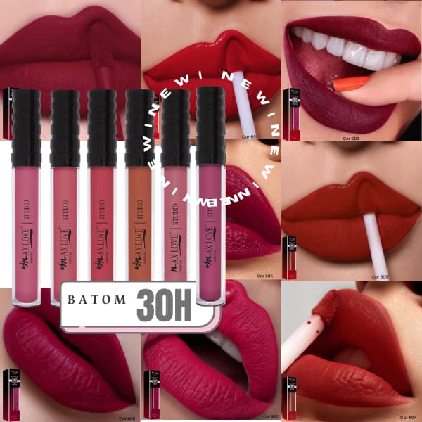 Batom Matte 30H Duração Max Love 30H 600 a 611 Longa Duração Mate