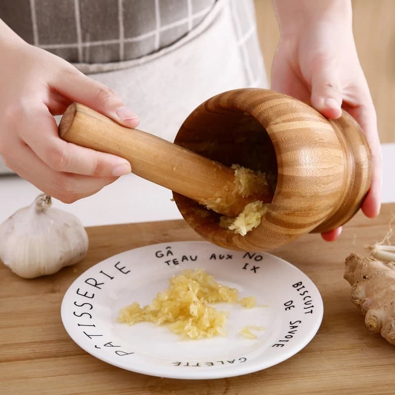 Pilão Socador Macerador de Alho Tempero Ervas Finas Condimentos Bambu Resistente Casa Cozinha