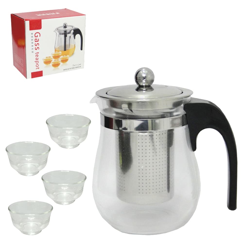 CHALEIRA DE VIDRO COM 4 XICARAS + INFUSOR + TAMPA DE INOX E ALCA DE PLASTICO 500/30ML
