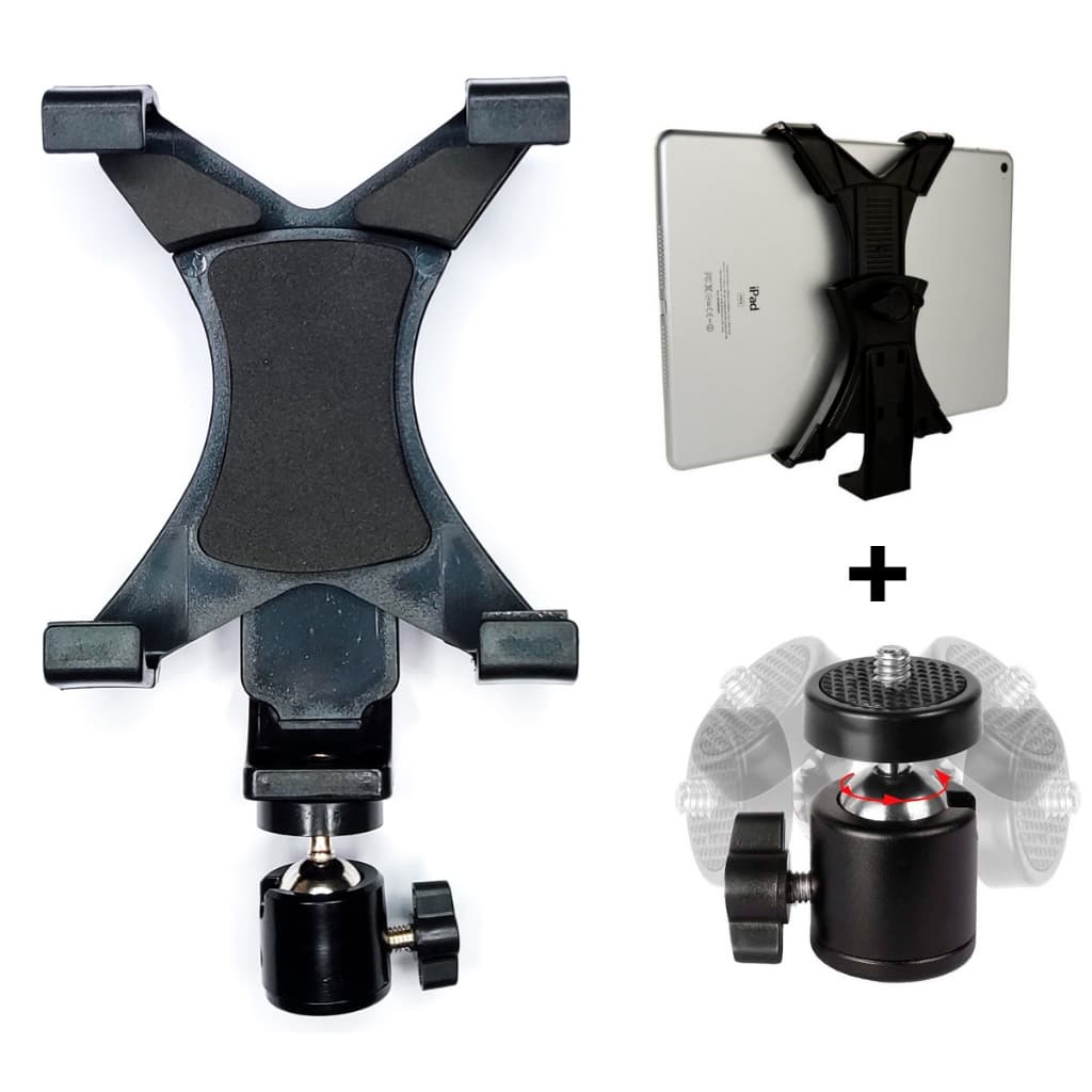 Kit Suporte Tablet iPad Kindle para Tripé + Cabeça articulada para Tripé  Ball Head 360 Rosca 1/4