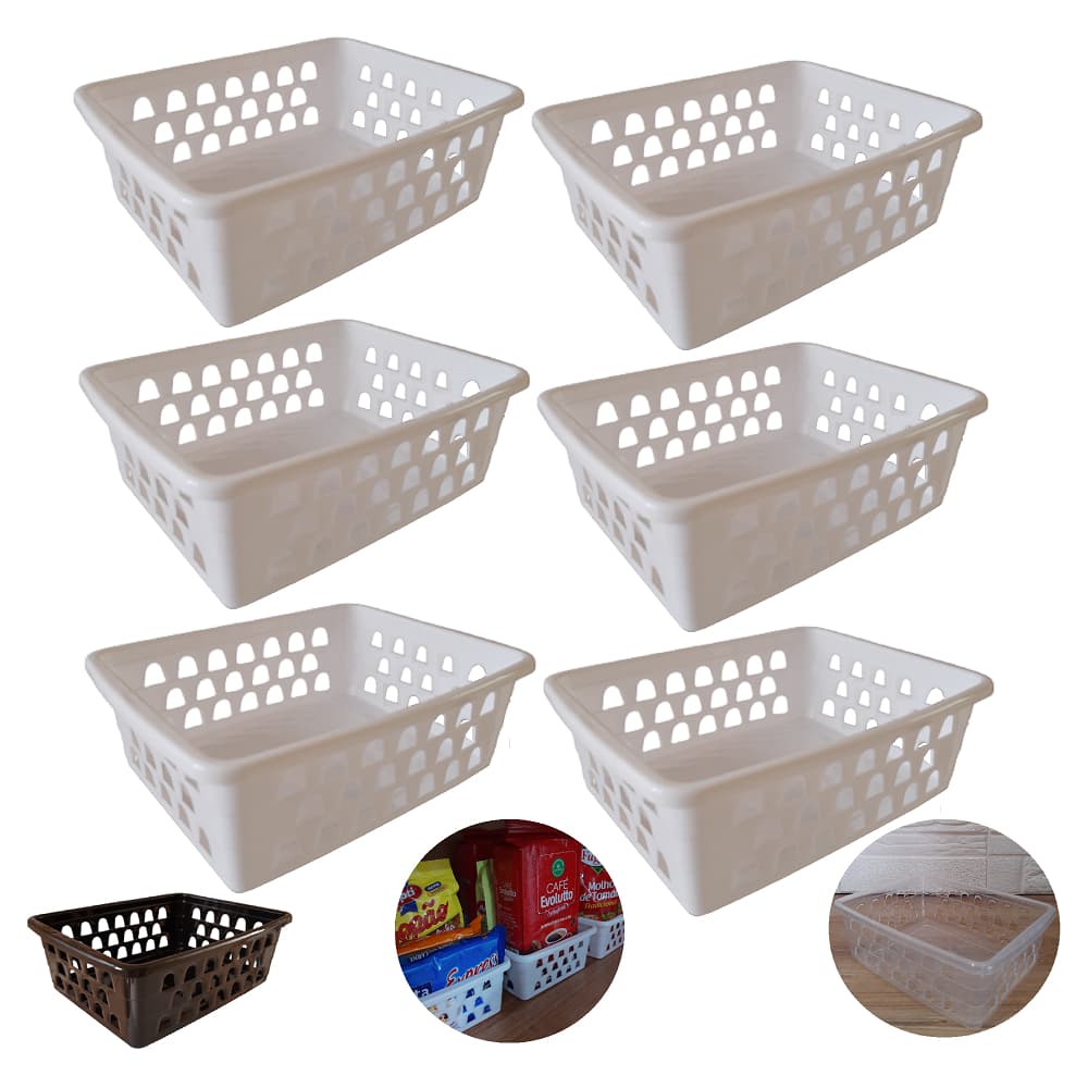 Kit 6 Cesto Multiuso Organizador Extra Grande GG Branco Preto Transparente Armário Gaveta Banheiro Lavanderia (29x20,5)